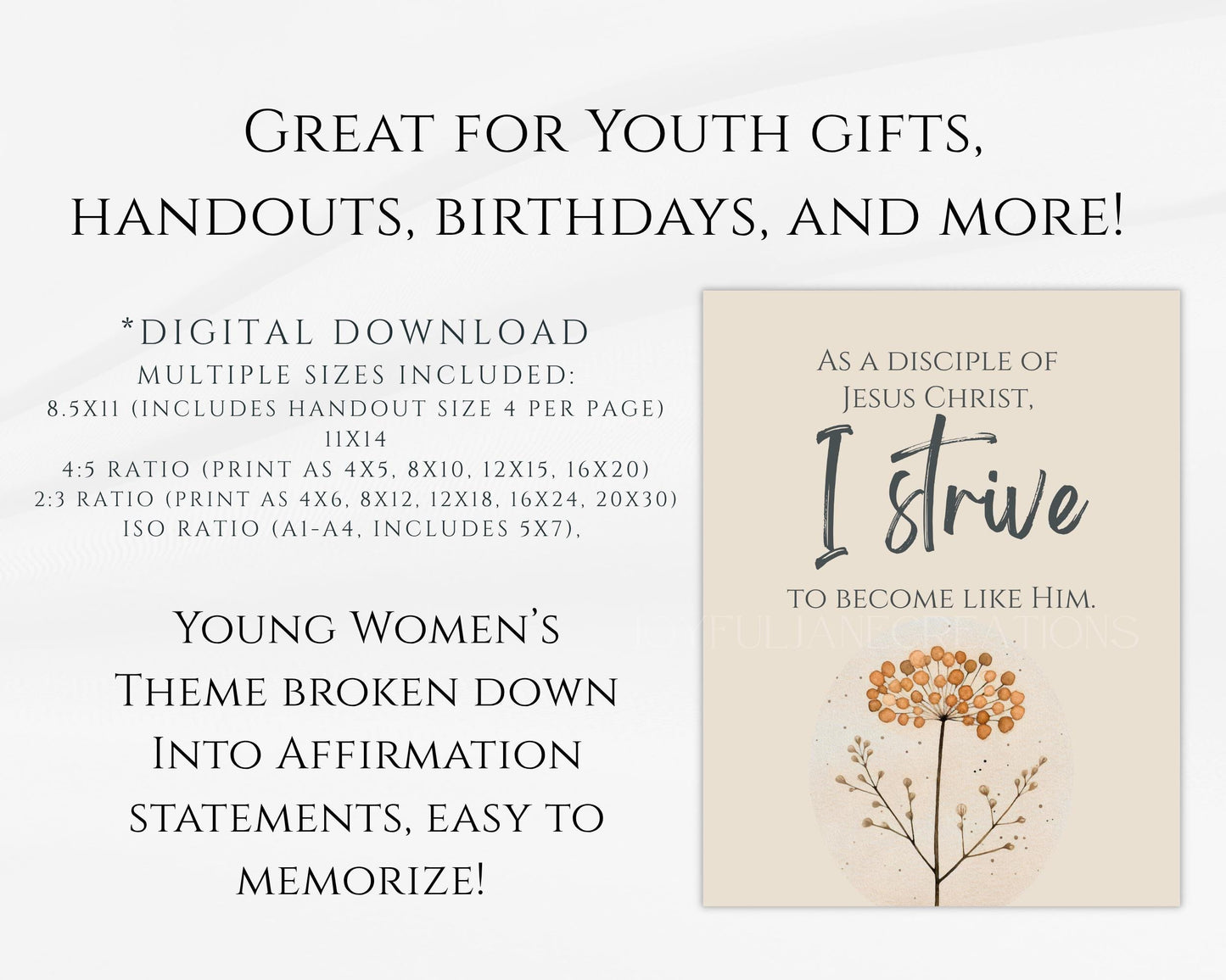 Young Women Theme Affirmation Cards - 7-Card Printable Set - Digital Download