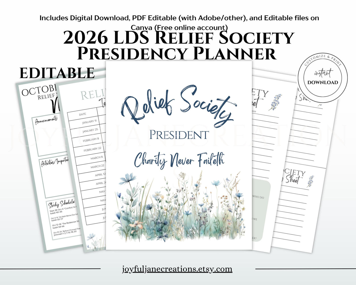 LDS Relief Society Presidency Planner - 2026 Editable Binder with Newsletter & Calendar