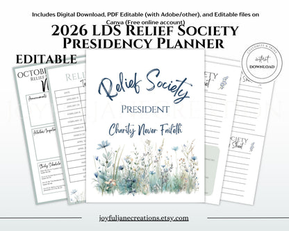 LDS Relief Society Presidency Planner - 2026 Editable Binder with Newsletter & Calendar