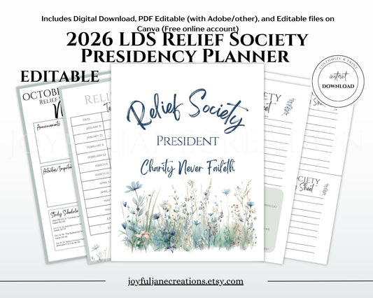 LDS Relief Society Presidency Planner - 2026 Editable Binder with Newsletter & Calendar
