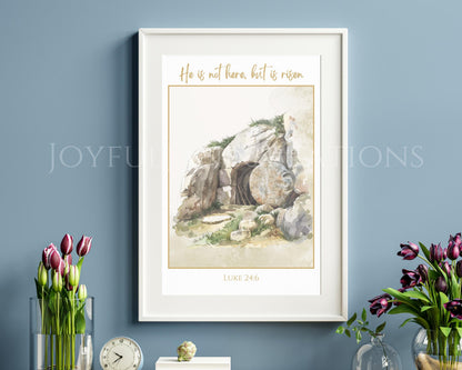"He is Risen" Easter Wall Art - Luke 24:6 Holy Week Printable with Greeting Card