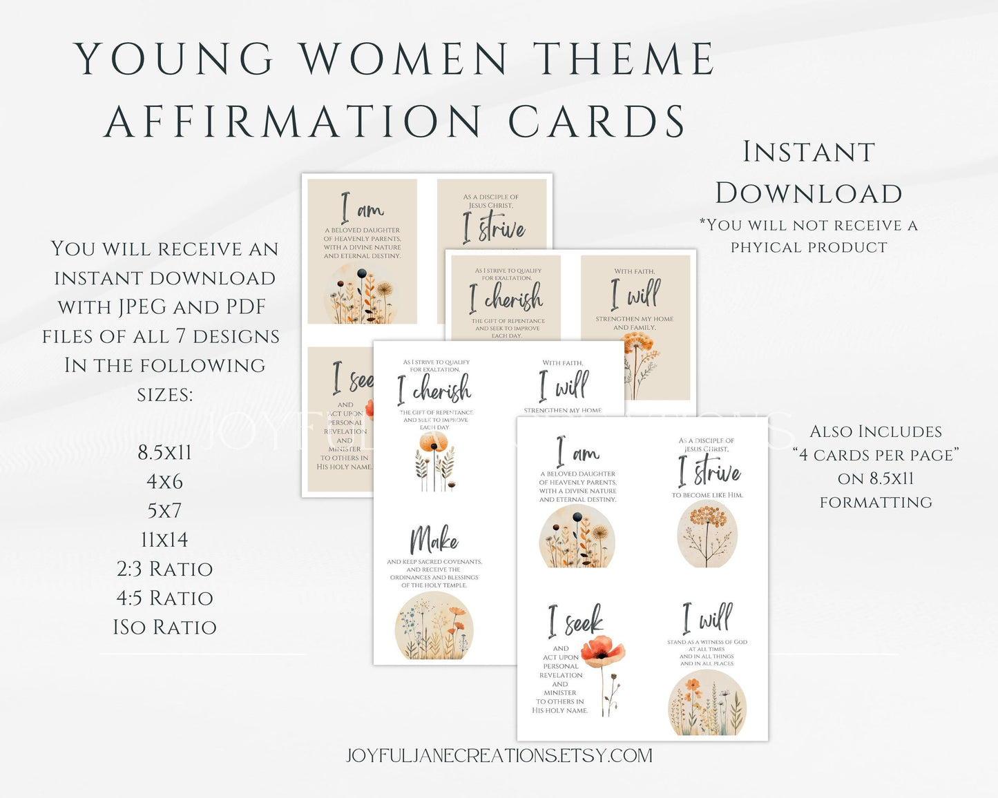 Young Women Theme Affirmation Cards - 7-Card Printable Set - Digital Download