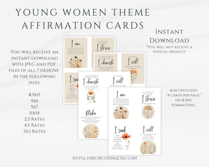 Young Women Theme Affirmation Cards - 7-Card Printable Set - Digital Download