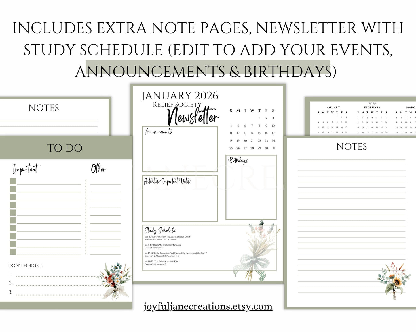 LDS Relief Society Presidency Planner - 2026 Editable Binder with Newsletter & Calendar