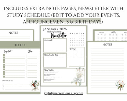 LDS Relief Society Presidency Planner - 2026 Editable Binder with Newsletter & Calendar