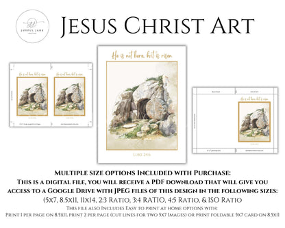 "He is Risen" Easter Wall Art - Luke 24:6 Holy Week Printable with Greeting Card
