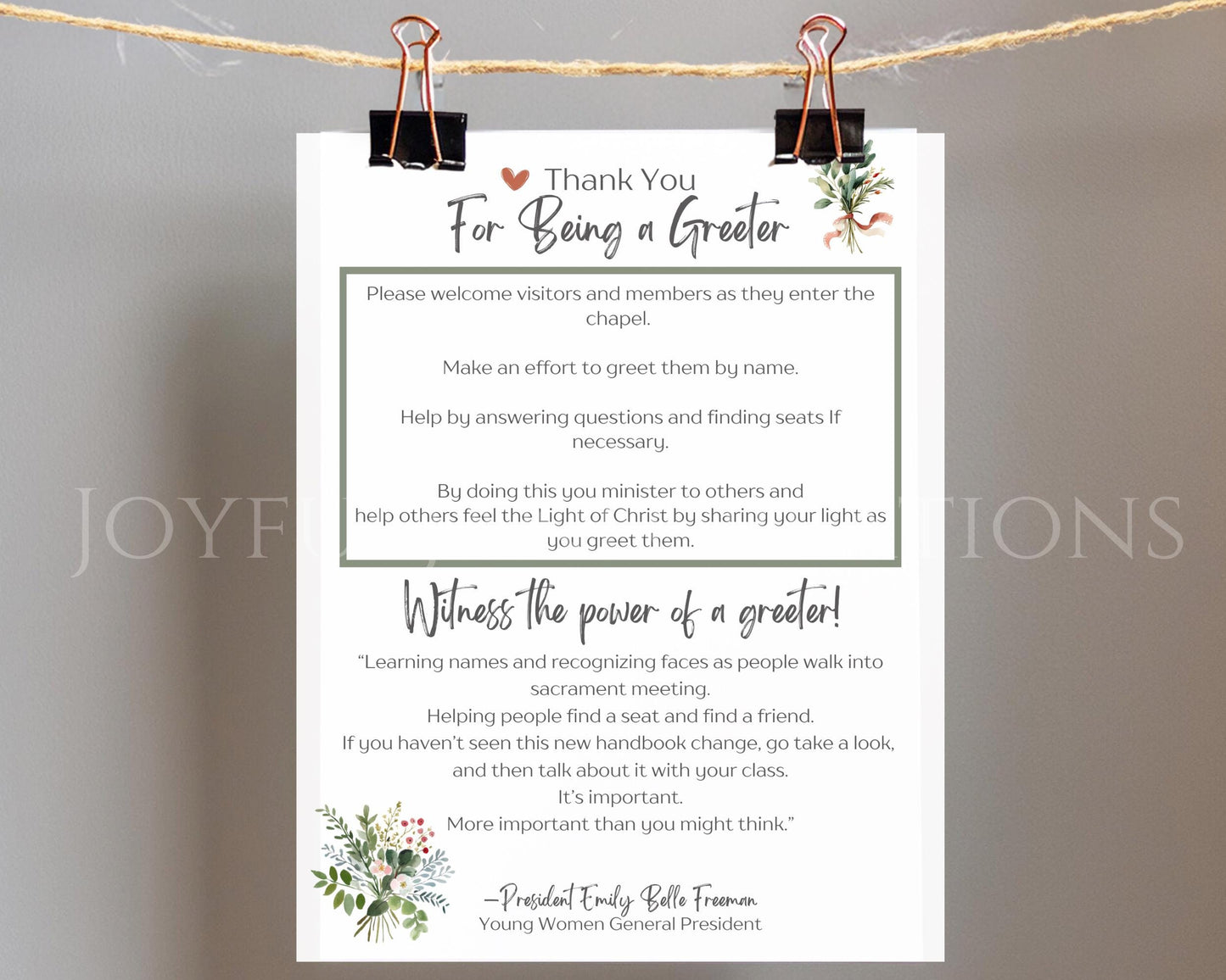 "Young Women Greeter Thank You Handout - LDS Youth Printable"