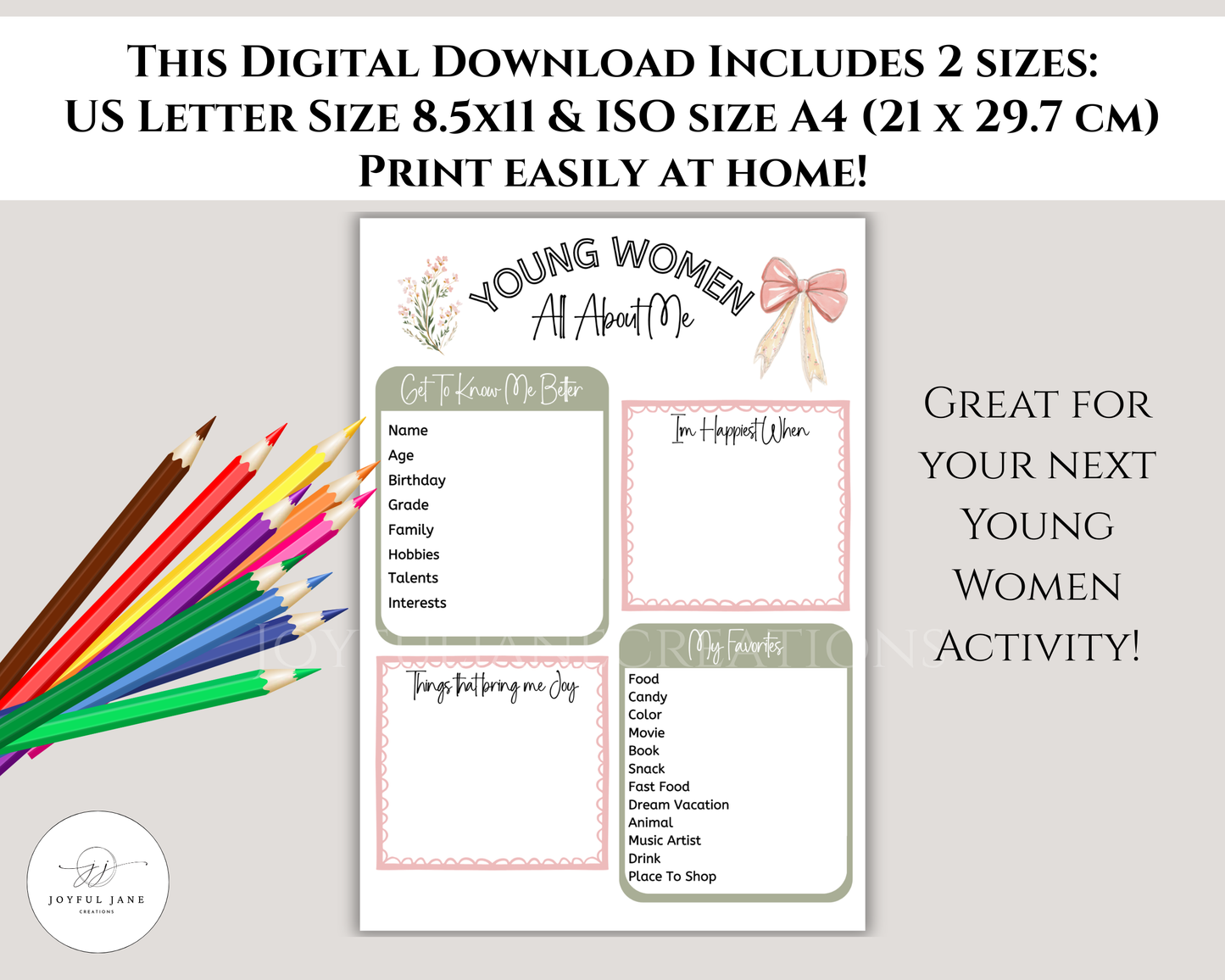 Young Women All About Me Printable | LDS YW Digital Download