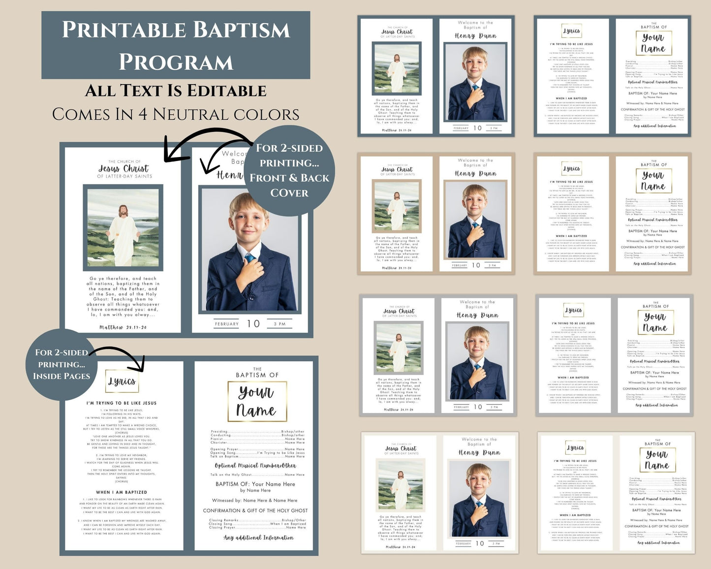 LDS Baptism Kit Bundle - Editable Invitation, Program & Decorations - Neutral Colors