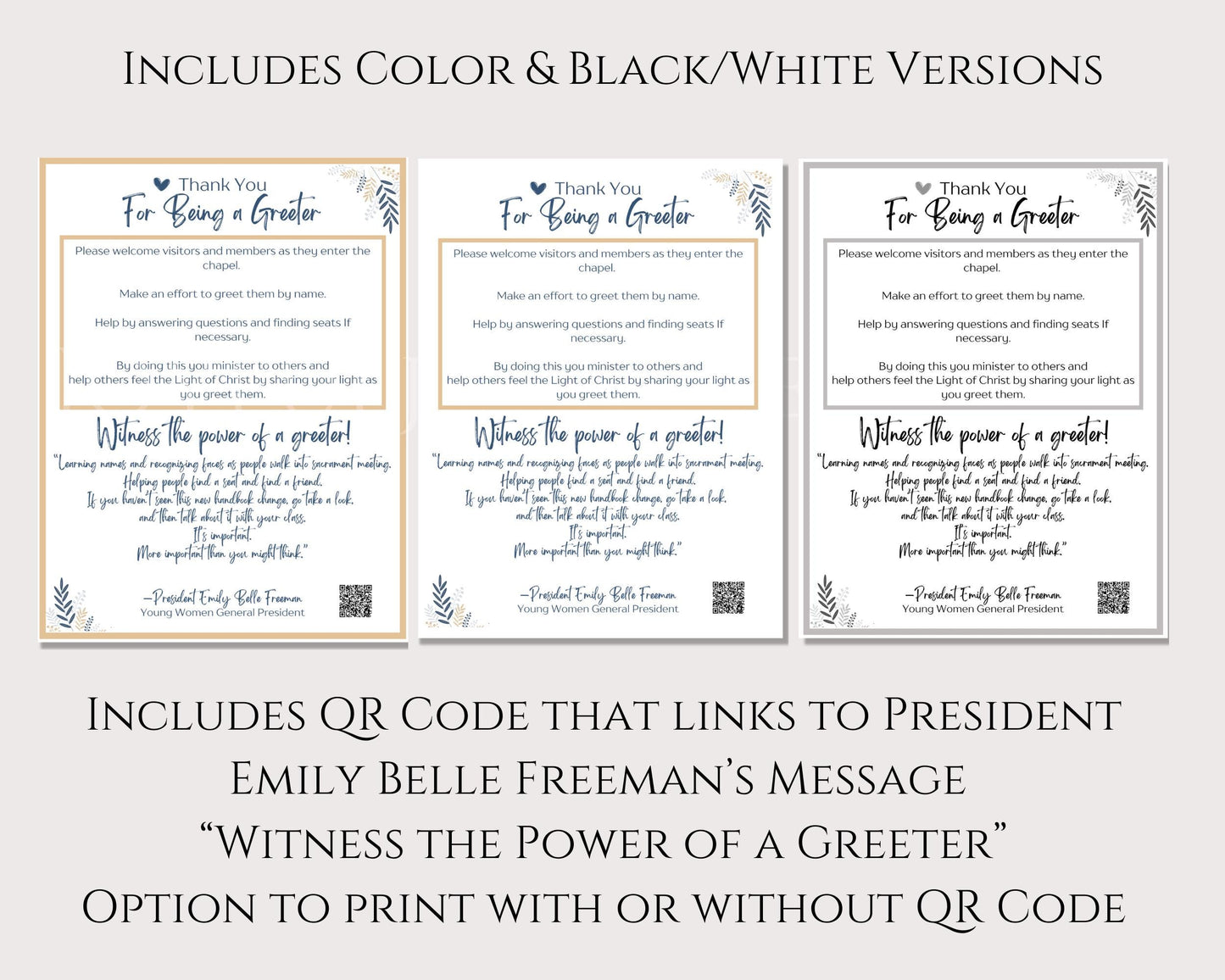 LDS Young Women Greeter Handout - Emily Belle Freeman Message with QR Code - Digital Download