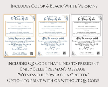 LDS Young Women Greeter Handout - Emily Belle Freeman Message with QR Code - Digital Download