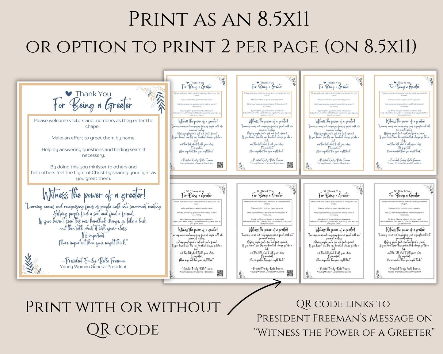 LDS Young Women Greeter Handout - Emily Belle Freeman Message with QR Code - Digital Download