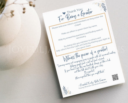 LDS Young Women Greeter Handout - Emily Belle Freeman Message with QR Code - Digital Download