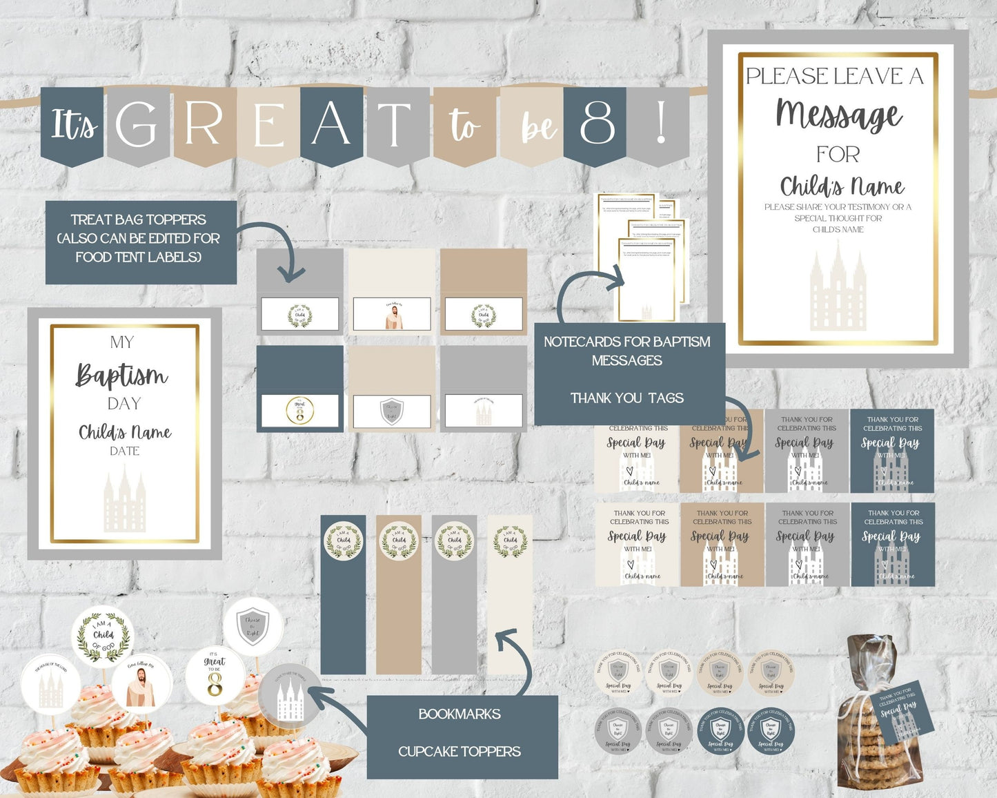 LDS Baptism Kit Bundle - Editable Invitation, Program & Decorations - Neutral Colors