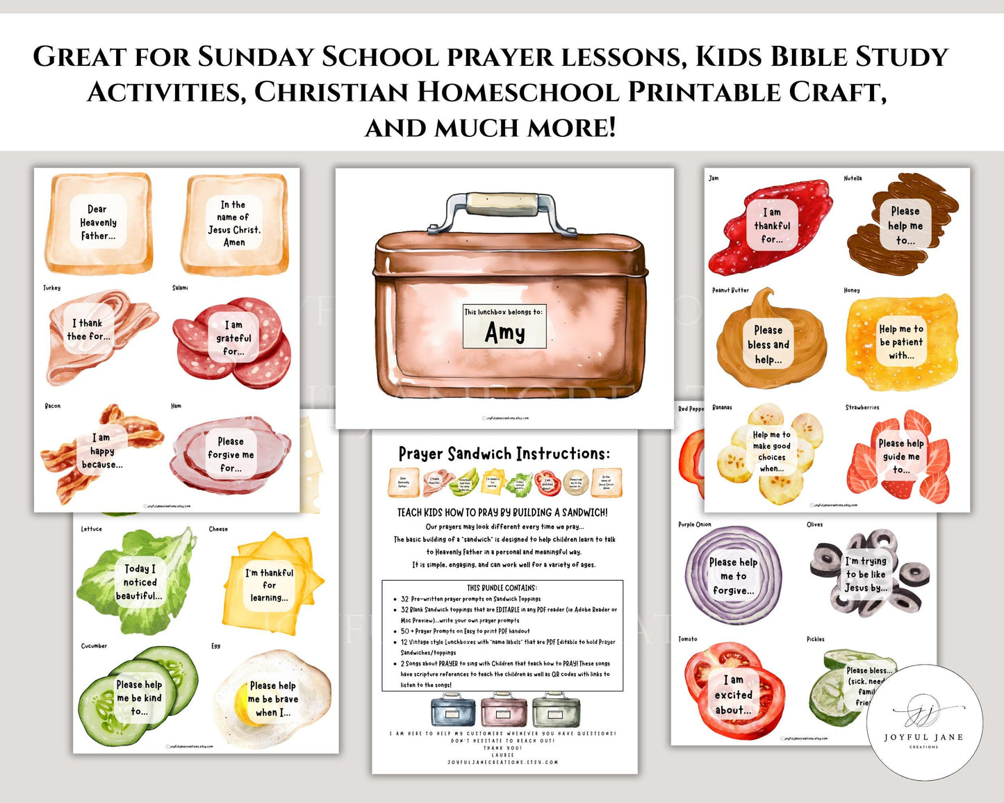 Prayer Sandwich Craft Bundle - Kids Prayer Activity with Editable Prompts