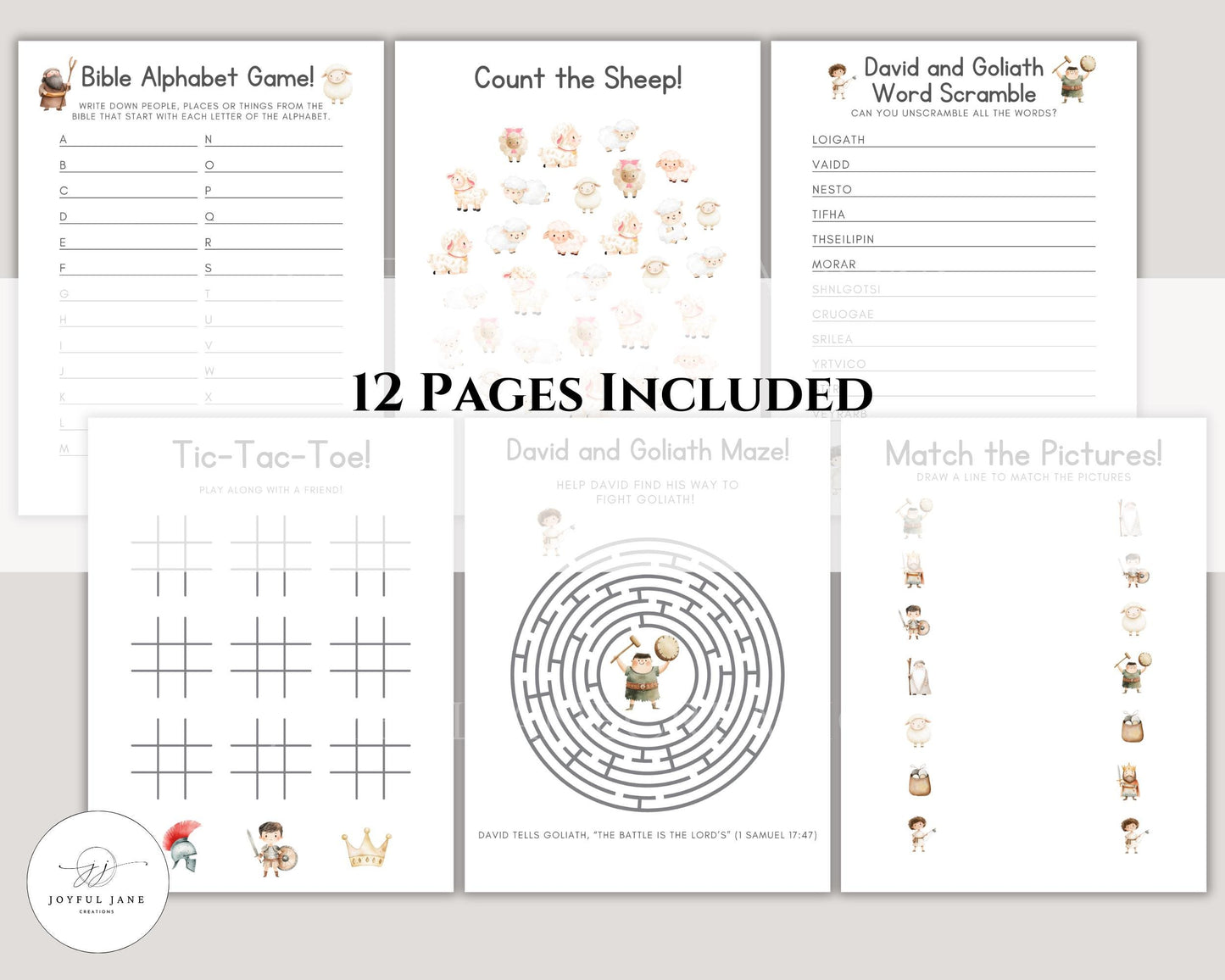 David and Goliath Bible Activity Pack - 12 Printable Pages for Sunday School & Homeschool - Digital Download