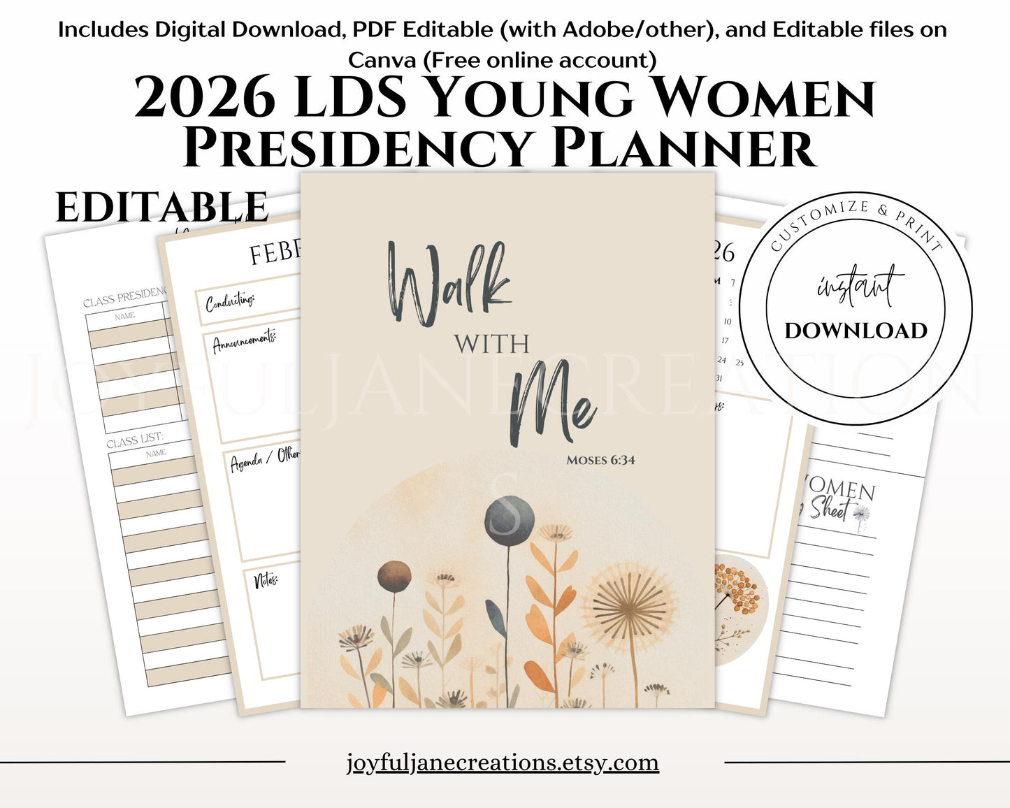 2026 Young Women Presidency Planner - "Walk with Me" Editable LDS Youth Theme Binder