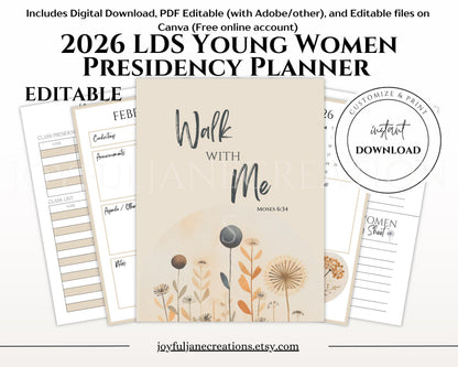 2026 Young Women Presidency Planner - "Walk with Me" Editable LDS Youth Theme Binder