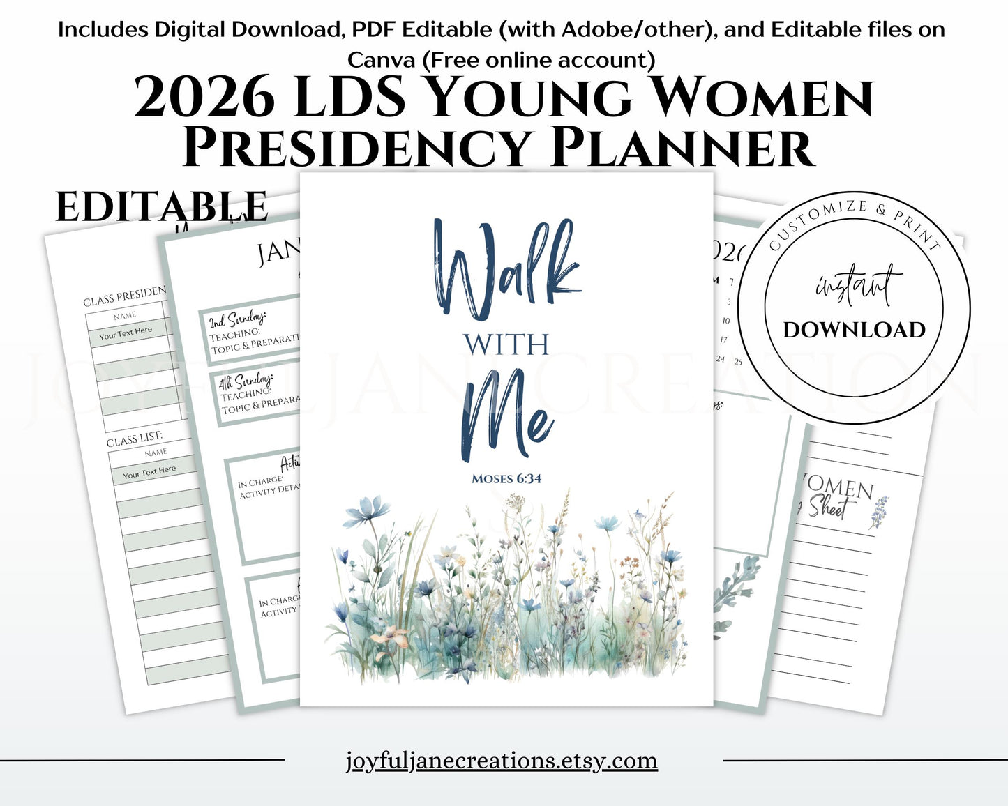 2026 Young Women Presidency Planner - "Walk with Me" Editable LDS Youth Theme Binder