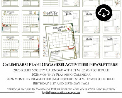 LDS Relief Society Presidency Planner - 2026 Editable Binder with Newsletter & Calendar