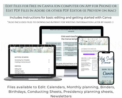 LDS Relief Society Presidency Planner - 2026 Editable Binder with Newsletter & Calendar