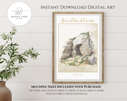 "He is Risen" Easter Wall Art - Luke 24:6 Holy Week Printable with Greeting Card
