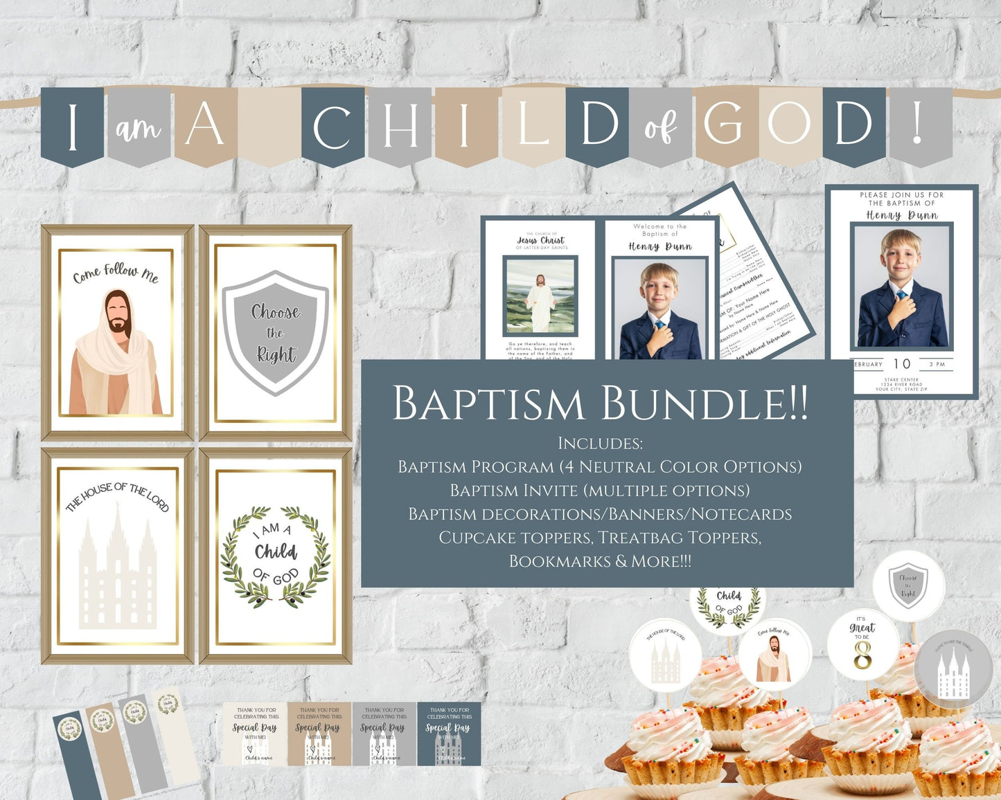 LDS Baptism Kit Bundle - Editable Invitation, Program & Decorations - Neutral Colors