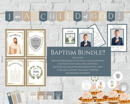 LDS Baptism Kit Bundle - Editable Invitation, Program & Decorations - Neutral Colors