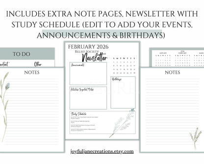 LDS Relief Society Presidency Planner - 2026 Editable Binder with Newsletter & Calendar