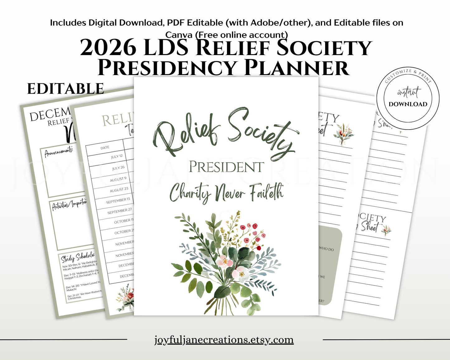 LDS Relief Society Presidency Planner - 2026 Editable Binder with Newsletter & Calendar