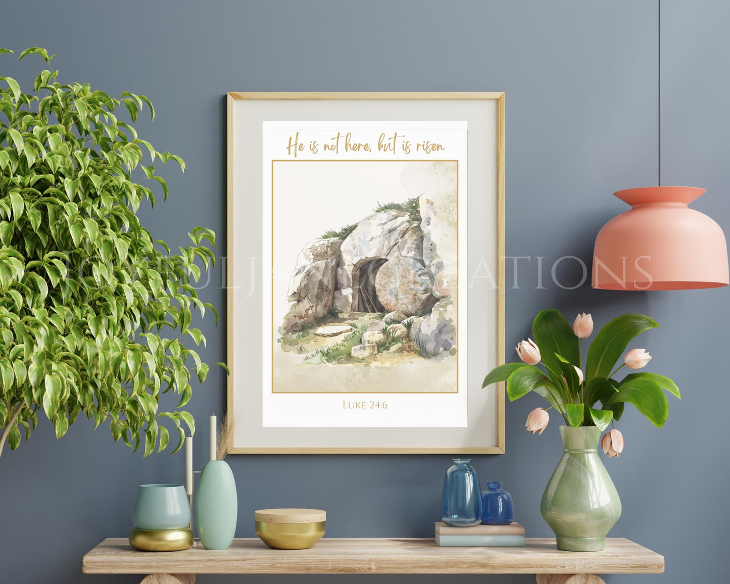 "He is Risen" Easter Wall Art - Luke 24:6 Holy Week Printable with Greeting Card