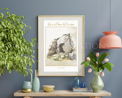 "He is Risen" Easter Wall Art - Luke 24:6 Holy Week Printable with Greeting Card