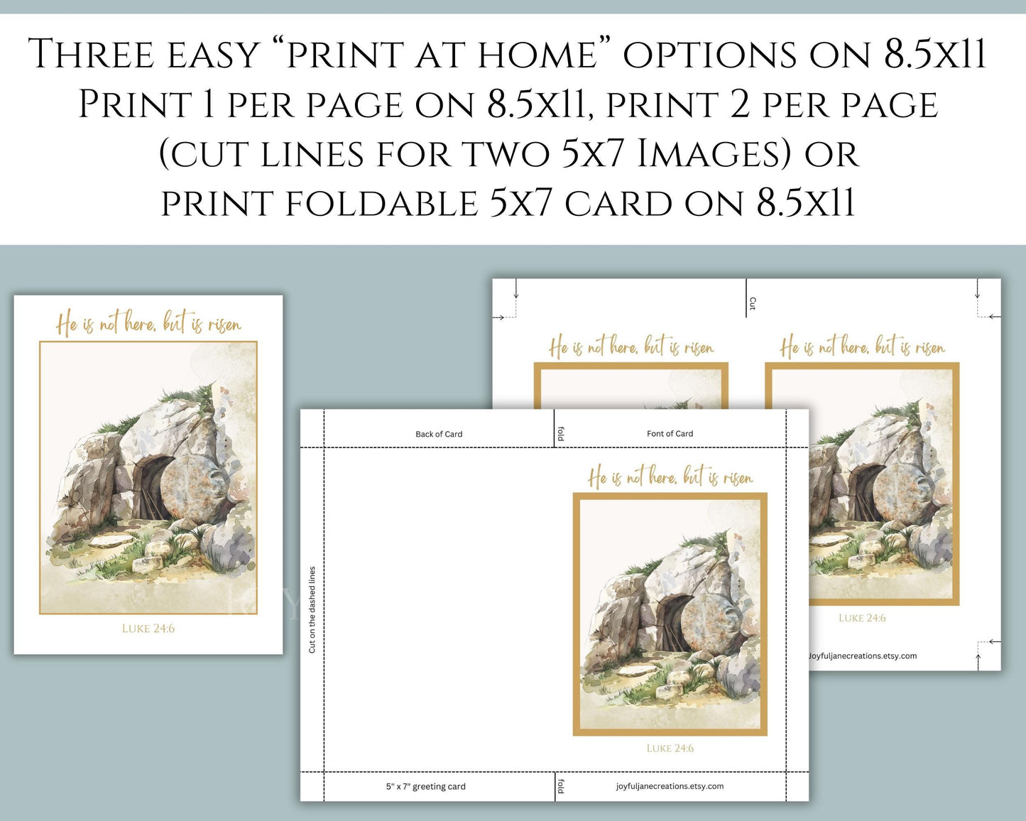 "He is Risen" Easter Wall Art - Luke 24:6 Holy Week Printable with Greeting Card