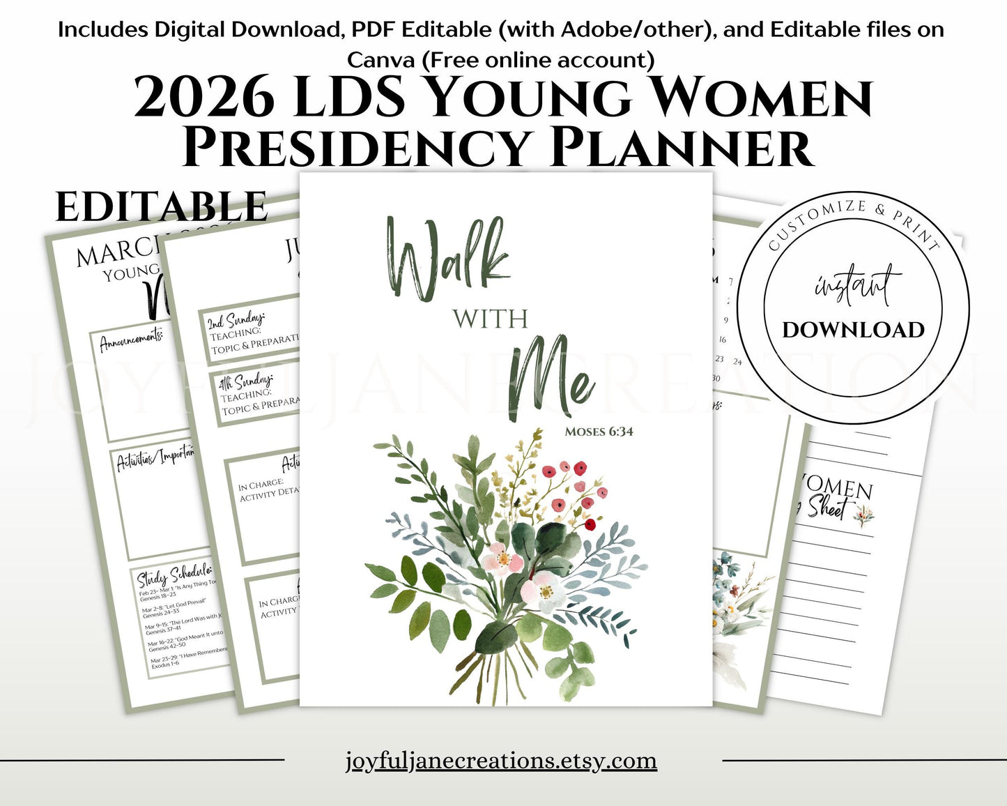 2026 Young Women Presidency Planner - "Walk with Me" Editable LDS Youth Theme Binder