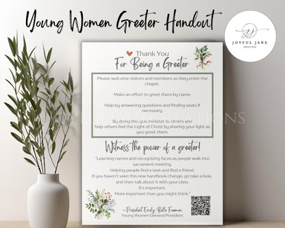 "Young Women Greeter Thank You Handout - LDS Youth Printable"