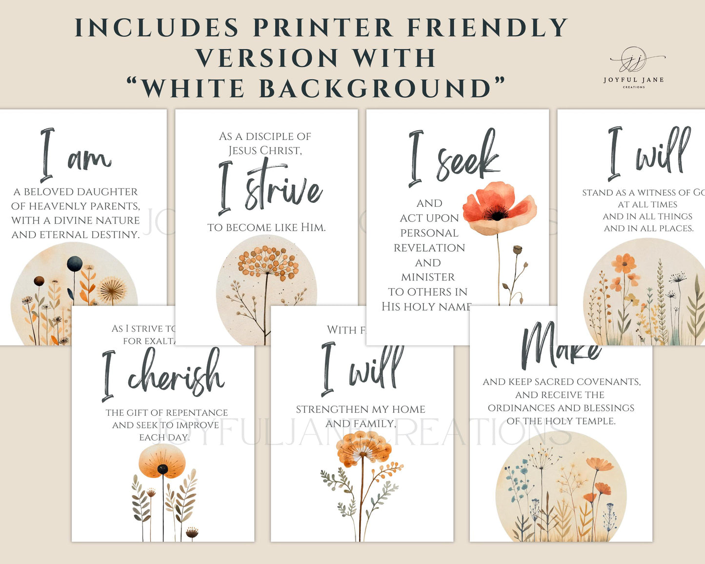 Young Women Theme Affirmation Cards - 7-Card Printable Set - Digital Download
