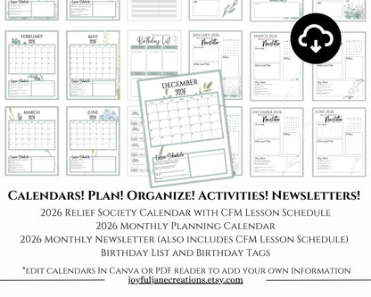 LDS Relief Society Presidency Planner - 2026 Editable Binder with Newsletter & Calendar