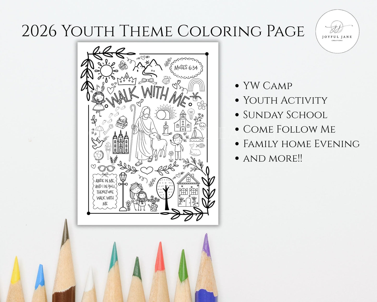 2026 LDS Youth Theme Coloring Page - "Walk with Me" Moses 6:34