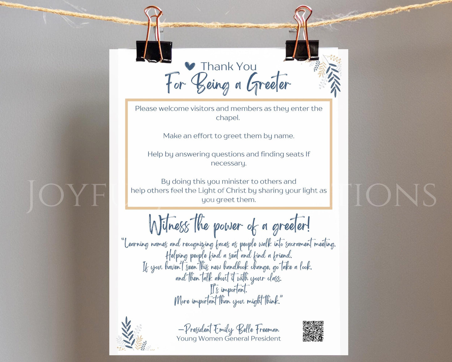 LDS Young Women Greeter Handout - Emily Belle Freeman Message with QR Code - Digital Download