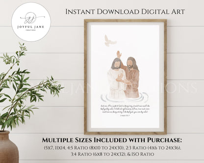 Jesus Baptism Art - Vintage Style Christian Printable for Home & Primary