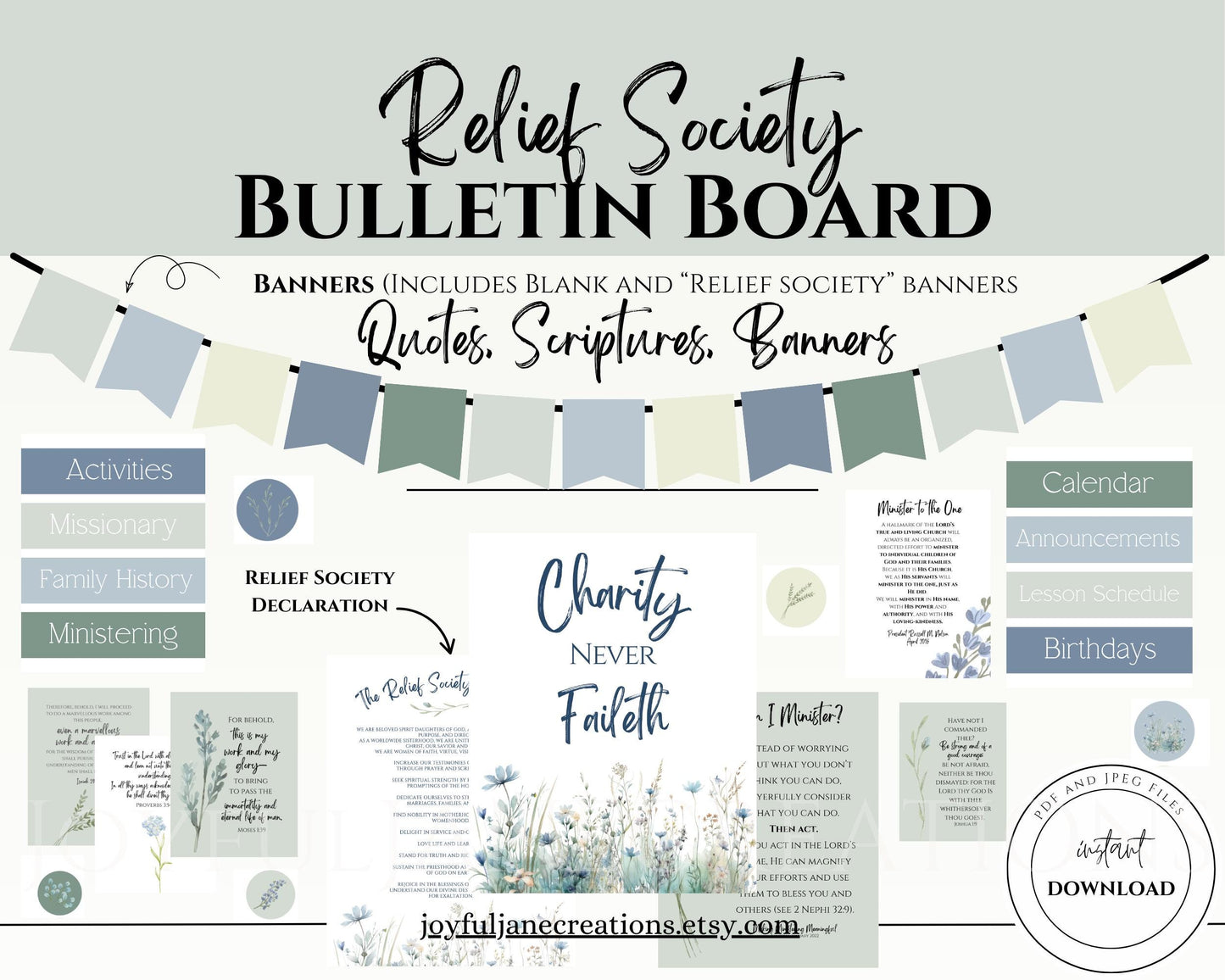 LDS Relief Society Bulletin Board Kit - Editable Banners, Quotes & Birthday Lists