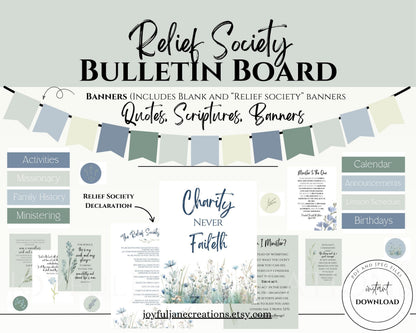 LDS Relief Society Bulletin Board Kit - Editable Banners, Quotes & Birthday Lists