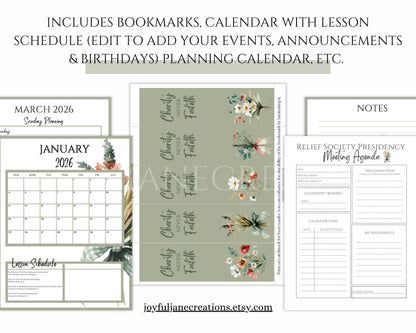 LDS Relief Society Presidency Planner - 2026 Editable Binder with Newsletter & Calendar
