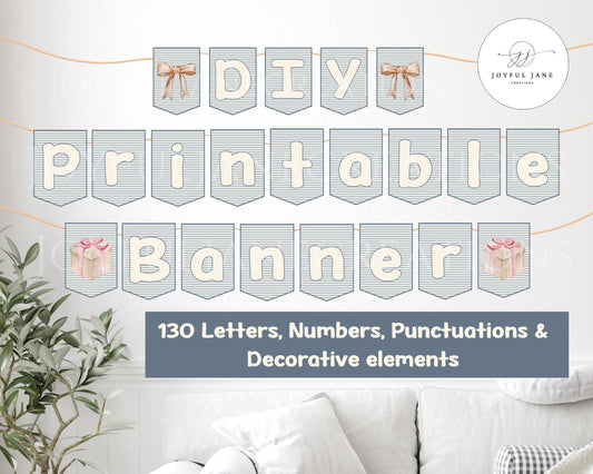 DIY Printable Banner Kit - Blue Striped Watercolor Party Decoration
