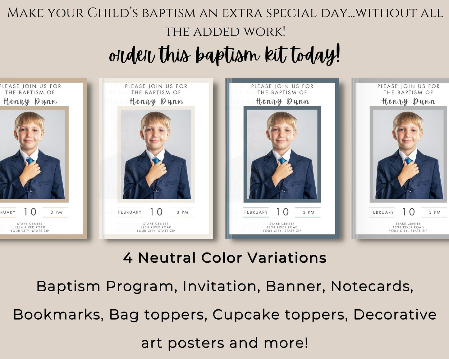 LDS Baptism Kit Bundle - Editable Invitation, Program & Decorations - Neutral Colors